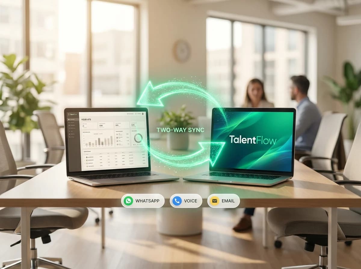 Middleware deployment: your existing ATS syncs both ways with TalentFlow, which runs the WhatsApp, voice, and email channels