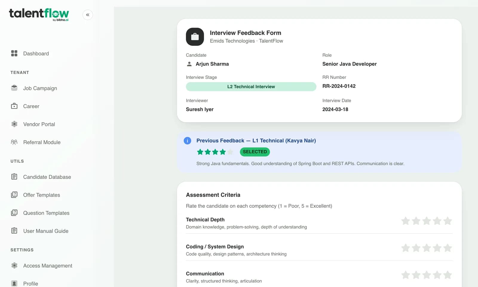 TalentFlow interview feedback form: assessment criteria rows for technical depth, coding and system design, communication, attitude and culture fit, and relevant experience, each with a five-star rating control