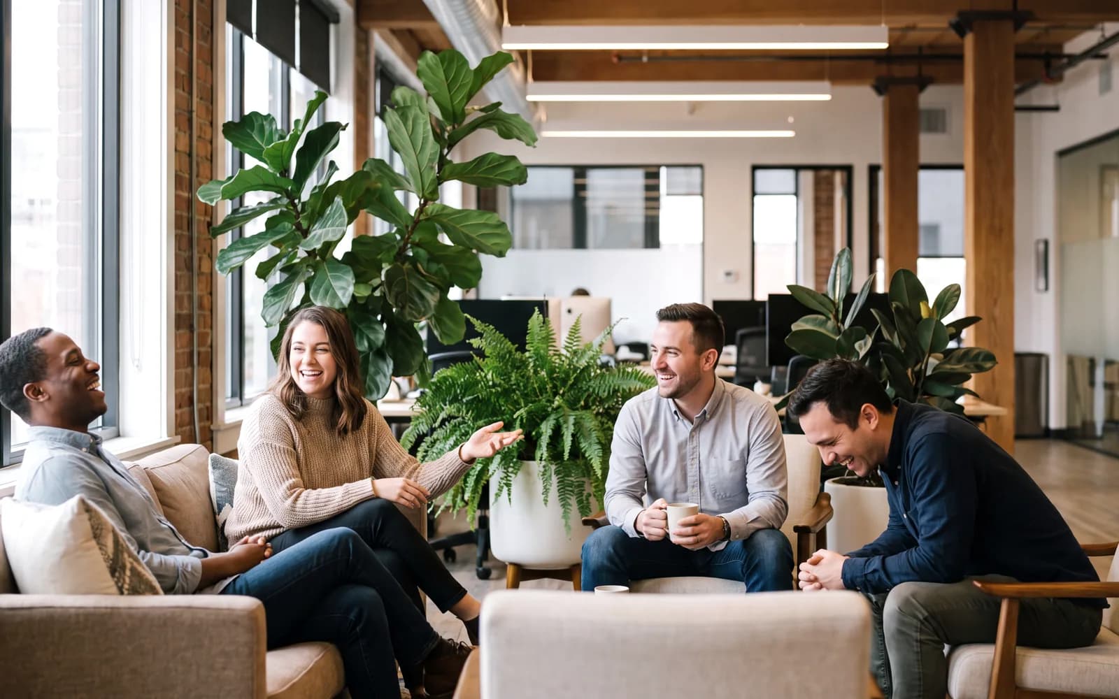 Team laughing in a lounge