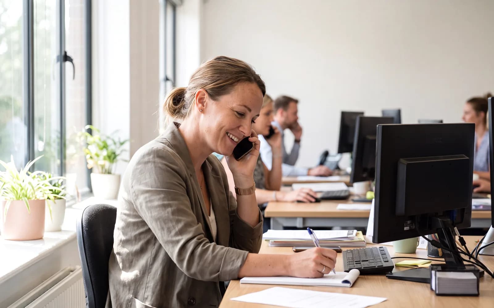 A recruitment consultant on a phone call while writing notes at her desk