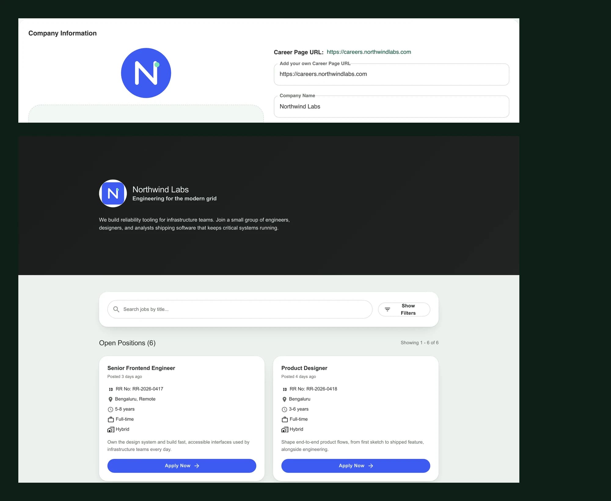 The TalentFlow career page builder: a company logo upload slot on the left and a career page URL on your own domain on the right