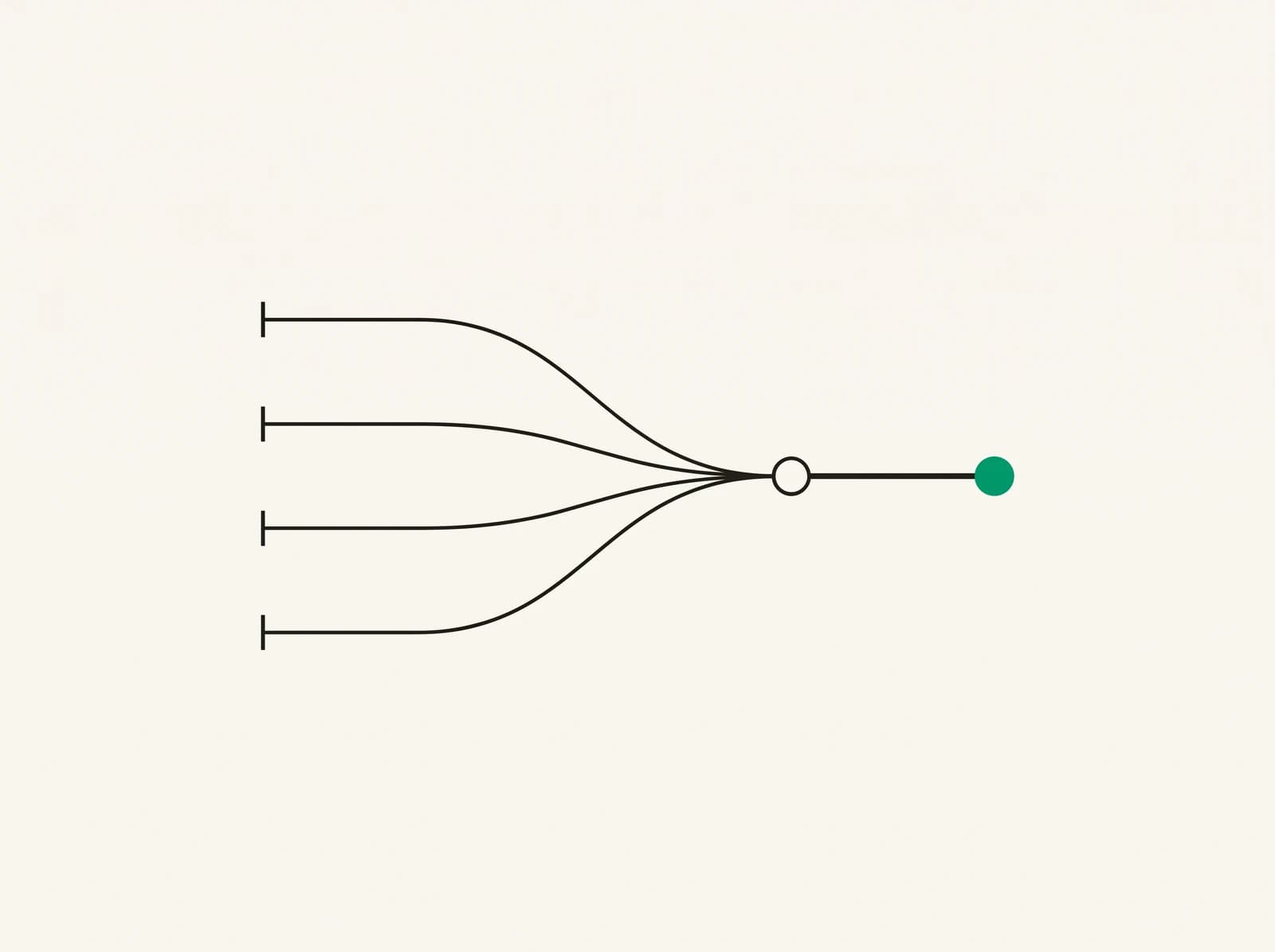 A fine ink-line schematic of four inputs converging into a single emerald output node.