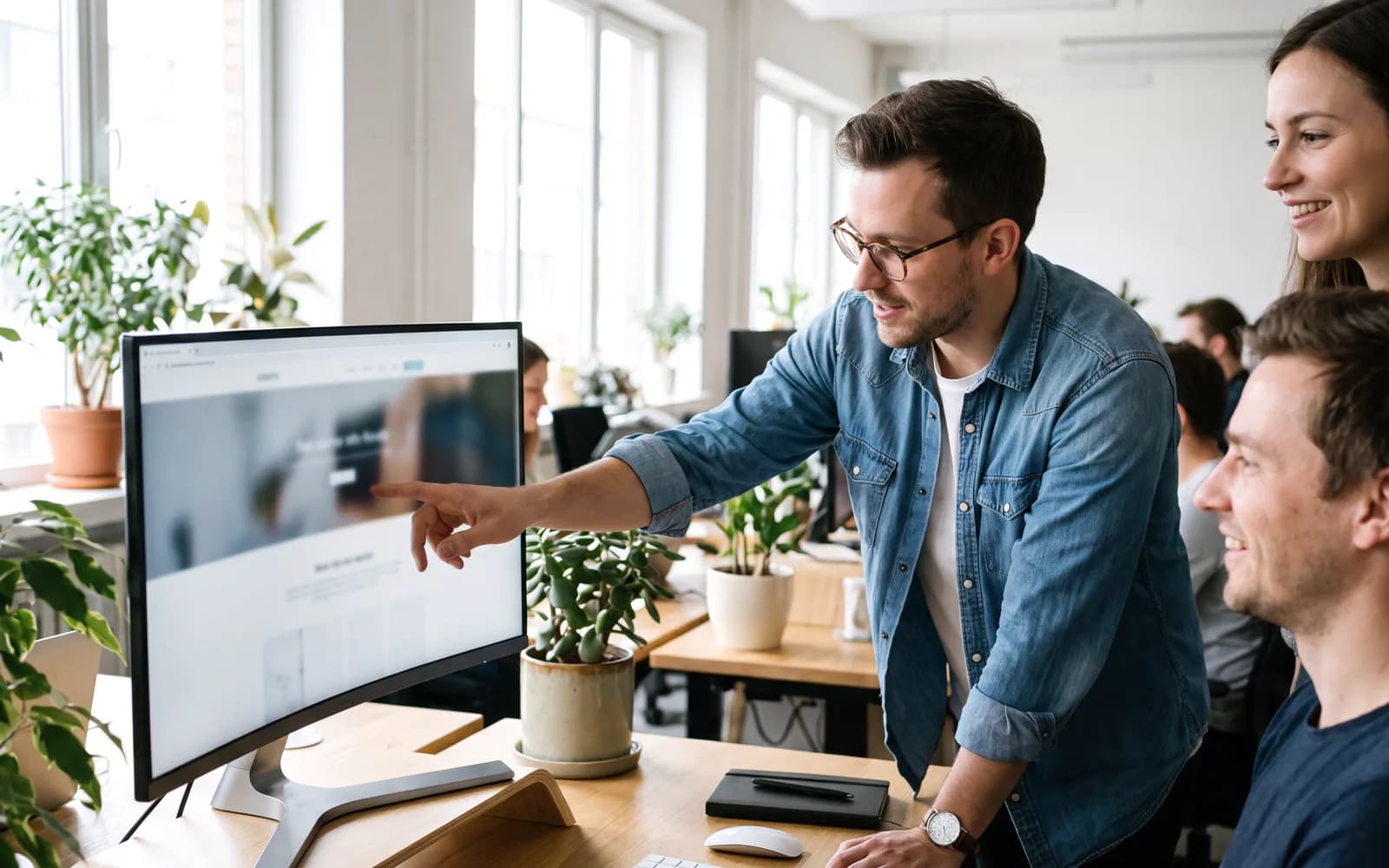 Designer pointing at a website on a big monitor